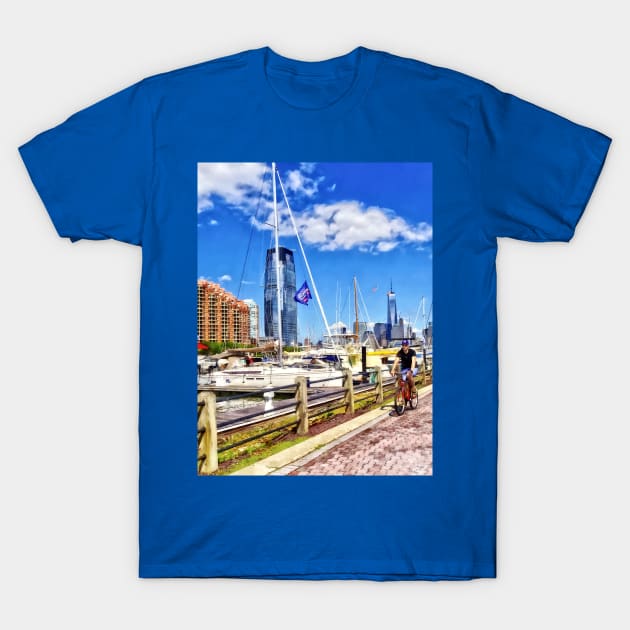 Jersey City NJ - Bicycling Along Liberty Landing Marina T-Shirt by SusanSavad